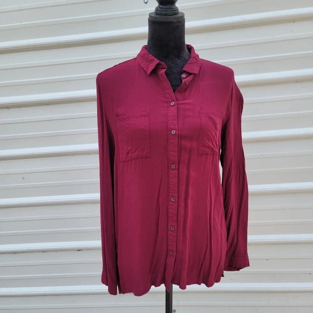 Ambiance Apparel Women's Long Sleeve Button Light Blouse Shirt pink Burgundy L